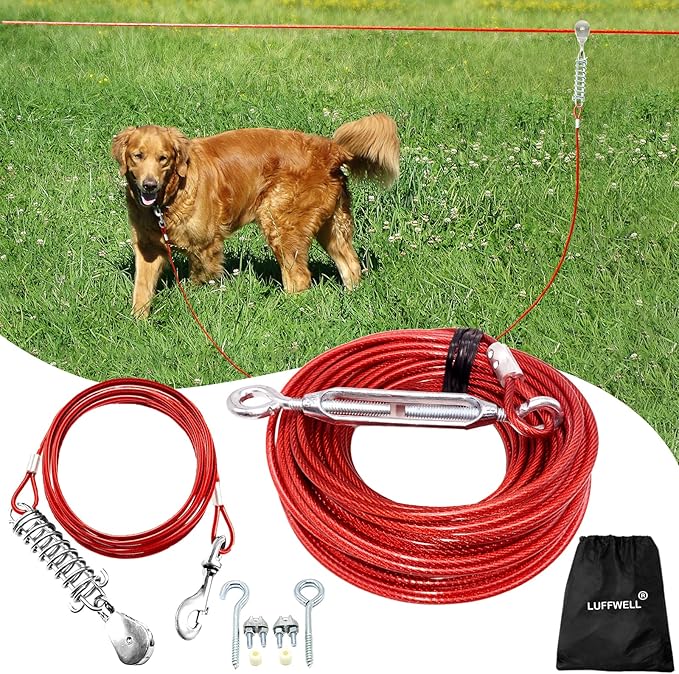 100FT Dog Runner for Yard with 15FT Tie Out Cable - Heavy Duty Trolley System for Large Dogs Up to 250LBS, Backyard/Park/Camping Use (Red, 100FT+15FT)