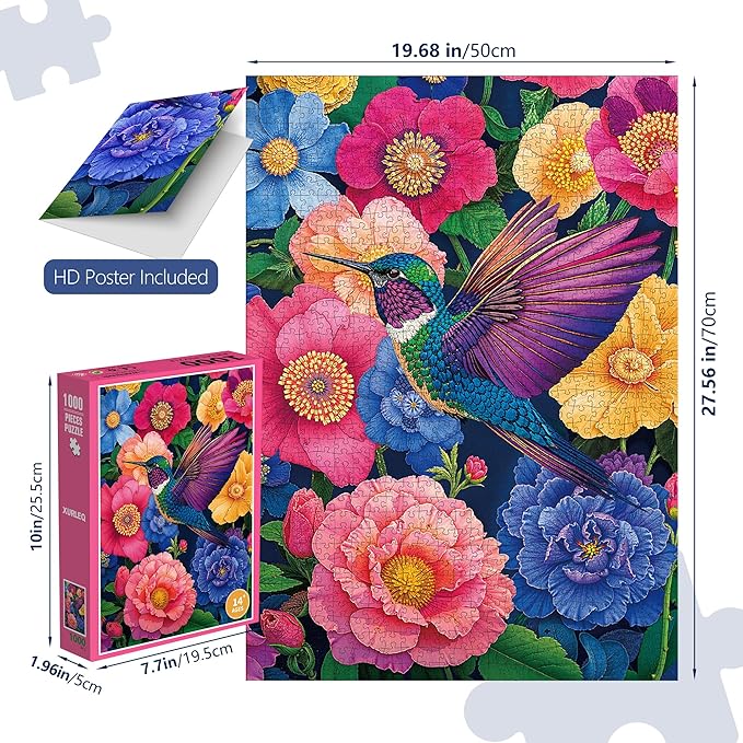 Hummingbird & Blooms Jigsaw Puzzles 1000 Pieces for Adults -Challenging Tropical Chroma Winged Jewels Art, Premium Matte Finish, 27.56 x 19.68 Inches, Perfect for Game Nights