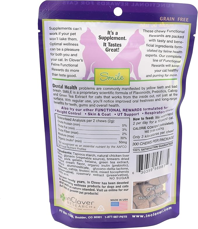 In Clover Smile Daily Dental Health Soft Chews for Cats, Support Healthy Teeth and Fresh Tongue with Catnip and Green Tea, Prebiotics, and Chlorophyll for Fresh Breath, 10.5 oz