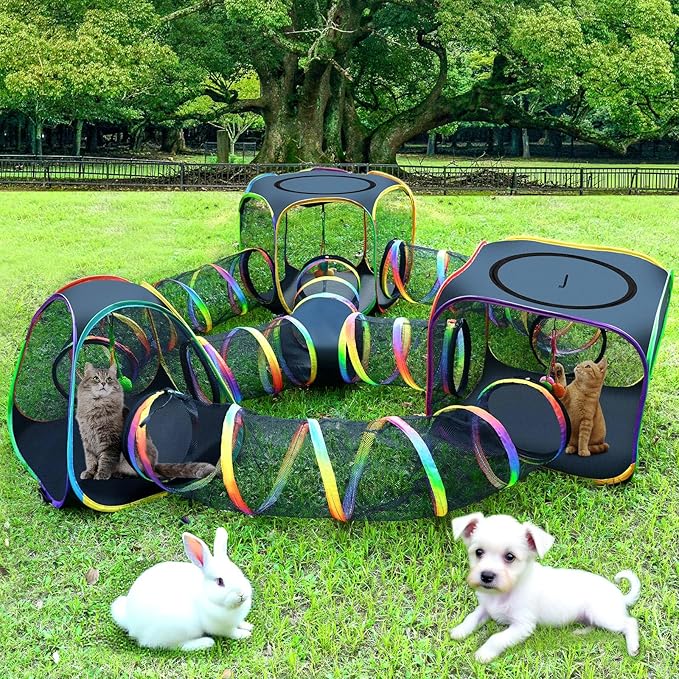 CypherX Outdoor Rainbow Cat Enclosure, 7 in 1 Portable Cat Tents for Outside Cage Free Outside Pet Enclosure Cat Tunnel Outdoor Playground for Indoor Cats and Small Animals