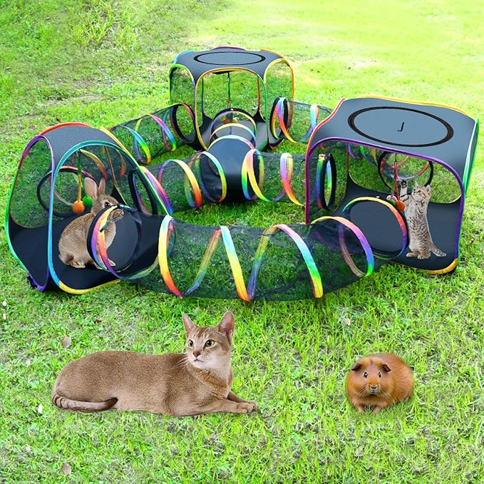 CypherX Outdoor Rainbow Cat Enclosure, 7 in 1 Portable Cat Tents for Outside Cage Free Outside Pet Enclosure Cat Tunnel Outdoor Playground for Indoor Cats and Small Animals