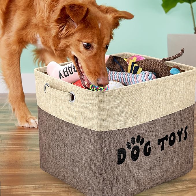 PET ARTIST Collapsible Toy Storage Basket Bin With Personalized Pet's Name - Rectangular Box Chest Organizer for Dog Toys, Clothing, Apparel & Accessories (Coffee Big One)