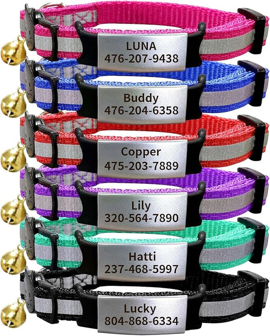 Personalised Cat Collar Adjustable Reflective Nylon with Cat Pattern Breakaway, Safety Quick Release, Bell, Custom Stainless Steel Name Tag & ID Number Plate (8"-10.6", Multiple Colors)