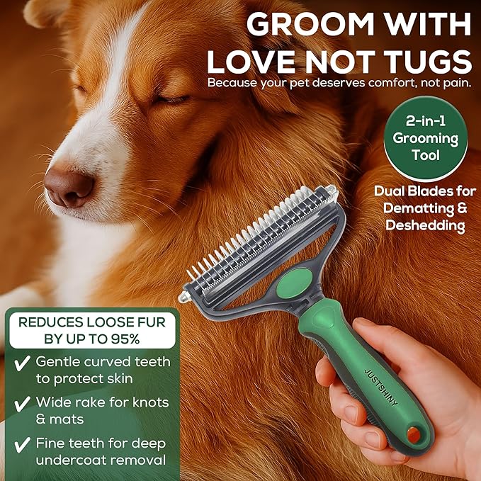Pet Grooming Set – 1 Brush + 2 Toothbrushes (Soft & Finger) for Dogs & Cats(Green Handle)