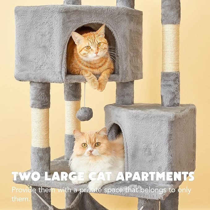 Cat Tree for Indoor Cats - Tall Multi-Level Cat Tower with Condos, Sisal Scratching Posts and Hammock, Top Perch with Dangling Toys for Large Cats and Kittens, Light Grey