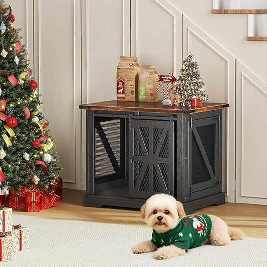 VOPEAK 27.5" Small Dog Crate Furniture, Chew Resistant Dog Crate for Puppy Dogs, Heavy Duty Small Dog Crate Dog Kennel Indoor with Double Doors, Wooden End Table for Bedroom Living Room, Black