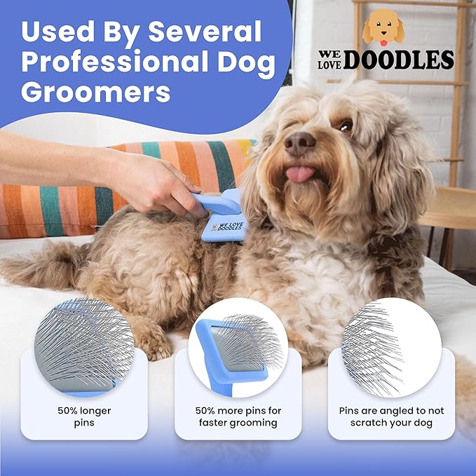 We Love Doodles Dog Slicker Brush for Grooming Pet Hair - Best Brushes For Poodle & Golden Doodle - Long Haired Brush For Dogs - Goldendoodle Long Pin Brush For Dematting (Small)