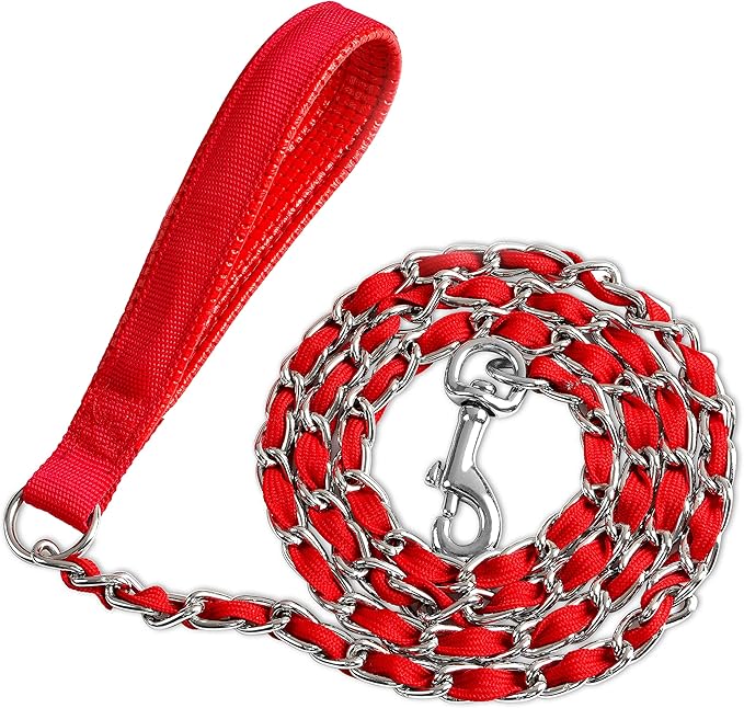 Chain Dog Leash Chew Proof, Metal Chain and Nylon Rope Pet Dog Leash with Padded Handle, Heavy Duty Leashes for Medium Large Dogs Training, Walking