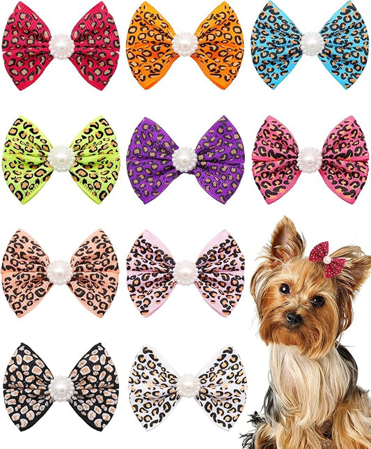 PET SHOW 10 Pack 2" Leopard Small Dogs Hair Bows with French Clips Rhinestone Yorkie Barrette Clip Bowknot for Medium Dogs Puppy Pet Cheetah Topknot Cat Grooming Hair Accessories