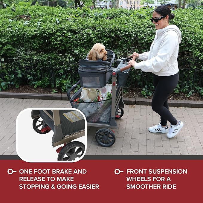 Wadabuggy Pet Foldable Cart - Luxury Cat & Dog Stroller with Extra Large Shopping Basket, Cup Holders, & Ventilated Canopy - Easy Fold Pet Stroller for Cats & Dogs