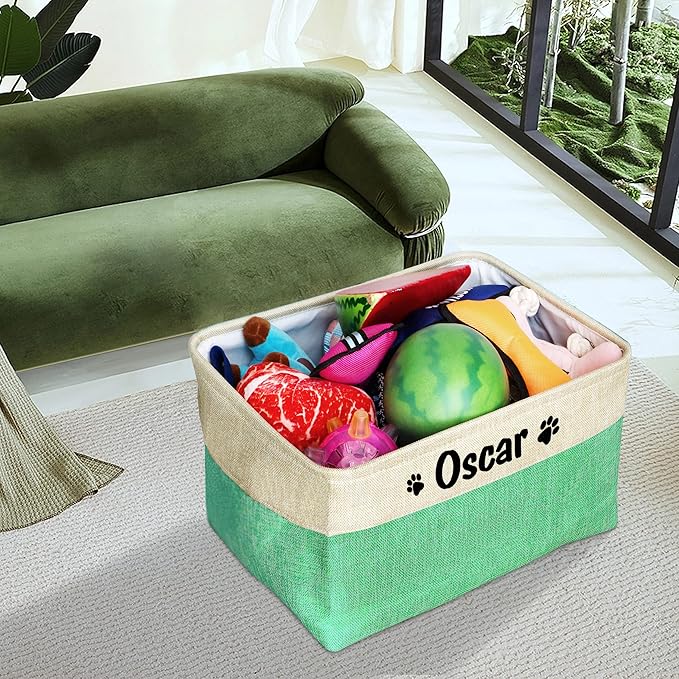 PET ARTIST Collapsible Dog Toy Storage Basket Bin with Personalized Pet's Name - Rectangular Storage Box Chest Organizer for Dog Toys,Dog Clothing,Dog Apparel & Accessories-Green
