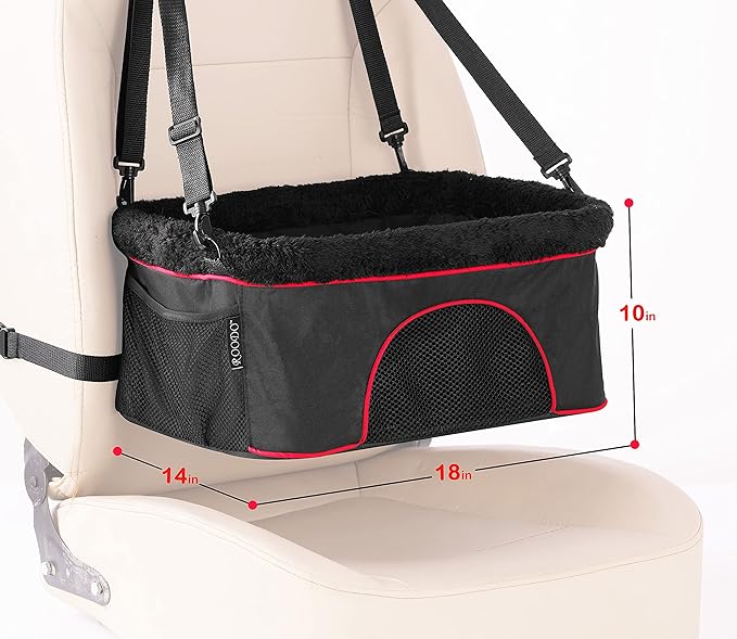 ROODO Deluxe Dog Booster Seat with Height-Adjustable Foldable Metal Frame and Safety Leash,Portable Pet Car Seat for Under 20lb Puppy Cats with Plush Thick Cushion Mesh Window Pockets(Black)