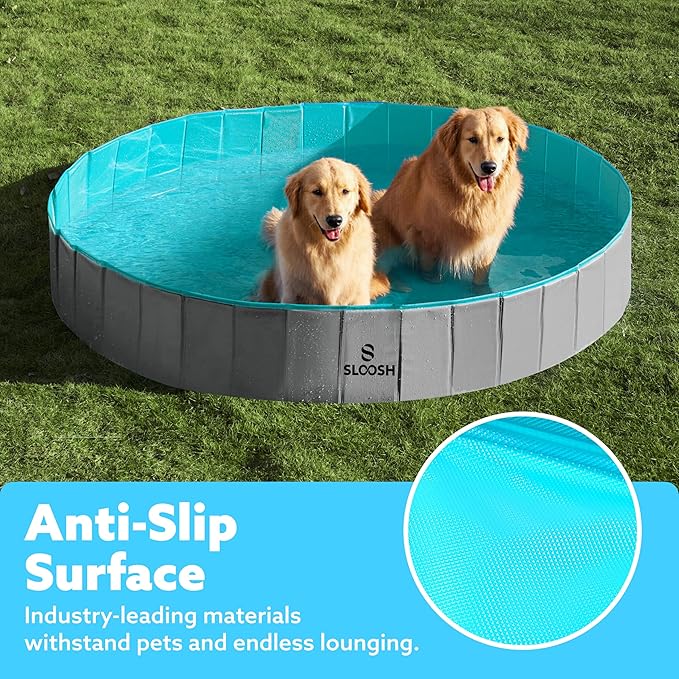 SLOOSH Foldable Dog Kiddie Pool - Portable Hard Plastic Doggie Swimming Pool, Anti-Slip Collapsible Pets Bath Tub Suitable for Kids Toddler Indoor Outdoor Backyard Use (Gray, 71" x 12")