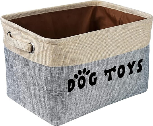 PET ARTIST Dog Toy Basket, Collapsible Dog Toy Bin Box with Comfortable Handles, Large Pet Toy Storage Basket Organizer for Accessories, Toys, Coat & Clothing, Blanket & Leash, Gray, 15"x11"x9"