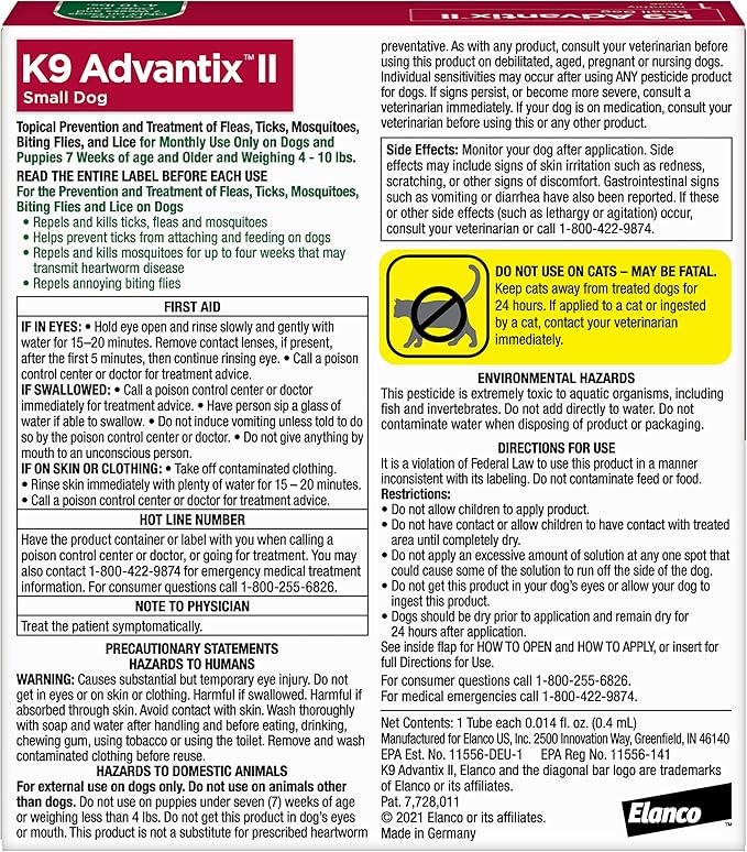 K9 Advantix II Small Dog Vet-Recommended Flea, Tick & Mosquito Treatment & Prevention | Dogs 4-10 lbs. | 1-Mo Supply