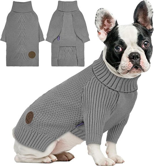 cyeollo Turtleneck Dog Sweater Knitted Cable Sweaters with Leash Hole Winter Pet Clothes Pet Small Dog Sweaters, Grey XL