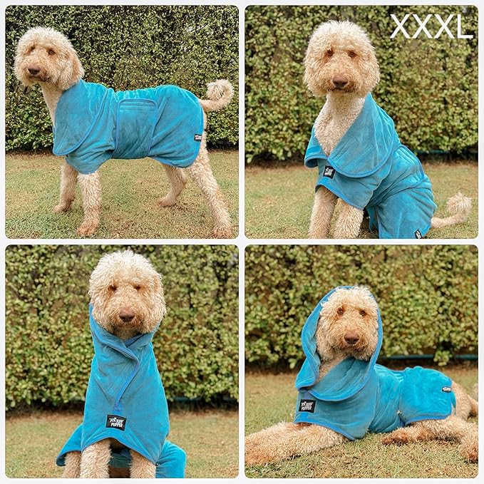 Tuff Pupper Fast Drying Dog Bath Robe | 800 GSM Plush Dog Towel Bathrobe/Dressing Gown | Super Absorbent Pet/Puppy Bathrobe | Adjustable Hood & Belly Strap | Super Soft | Fast Drying (XXXL, Blue)