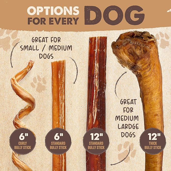 Mighty Paw Naturals Bully Sticks for Small & Medium Dogs - Grass Fed Beef Chews. Bully Sticks for Large Dogs. Lower Odor Stick Treat. Single Ingredient (6" - 5 Pack)