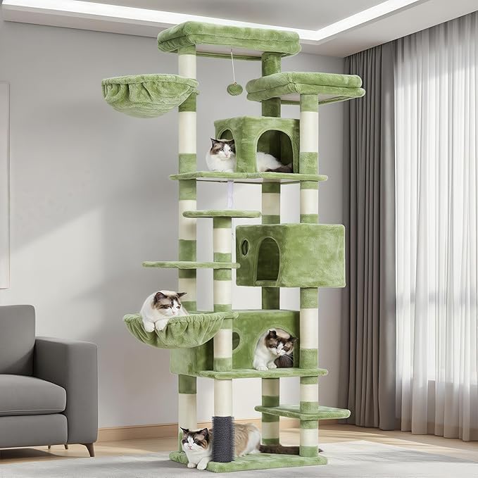Hey-brother Cat Tree, 74 inches Multi-Level XL Large Cat Tower for Indoor Cats with Three Cat Condos, Two Large Top Decks and Cat Hairbrushfor Kittens, Cats and Pets, Green MPJ035-MGR