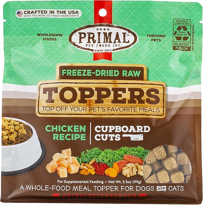 Primal Dog Food Toppers & Cat Food Toppers, Cupboard Cuts, Grain Free Meal Mixers with Probiotics, Raw Freeze Dried Dog Treats & Cat Treats, Great for Training (Chicken, 3.5 oz)