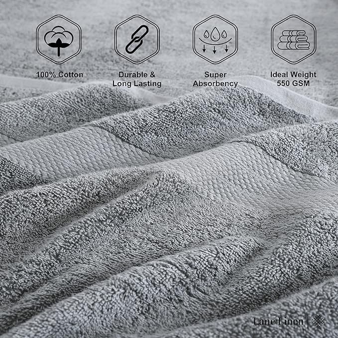 LANE LINEN 100% Cotton Luxury Bathroom Towel Set - 16 Pcs - Ring Spun, Quick Dry, Super Soft & Highly Absorbent - 4 Bath, 8 Washcloths, 4 Hand Towels - Pre Shrunk, Can be Used in Salon - Space Grey