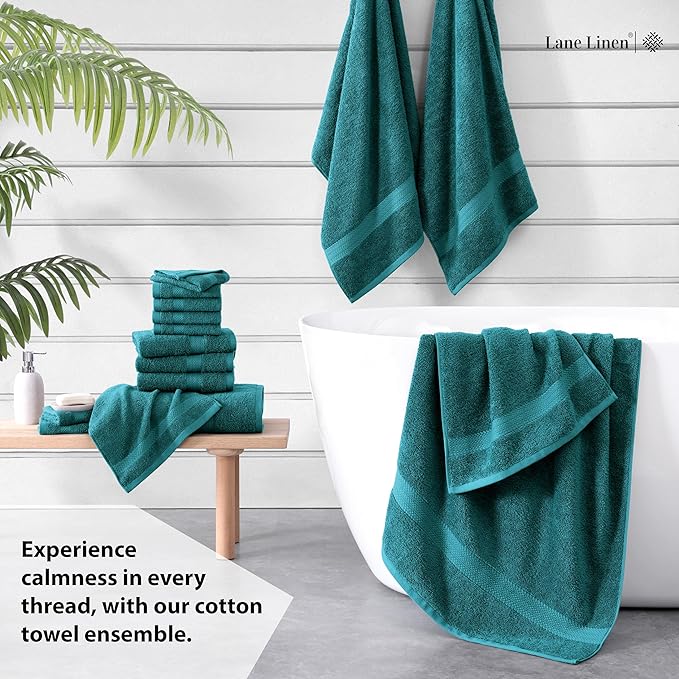 LANE LINEN 100% Cotton Luxury Bath Towel Set - 16 Pieces - Ring Spun, Quick Dry, Highly Soft & Absorbent - 4 Bath Towels, 8 Washcloths, 4 Hand Towels for Bathroom - Sustainably Produced - Sea Port