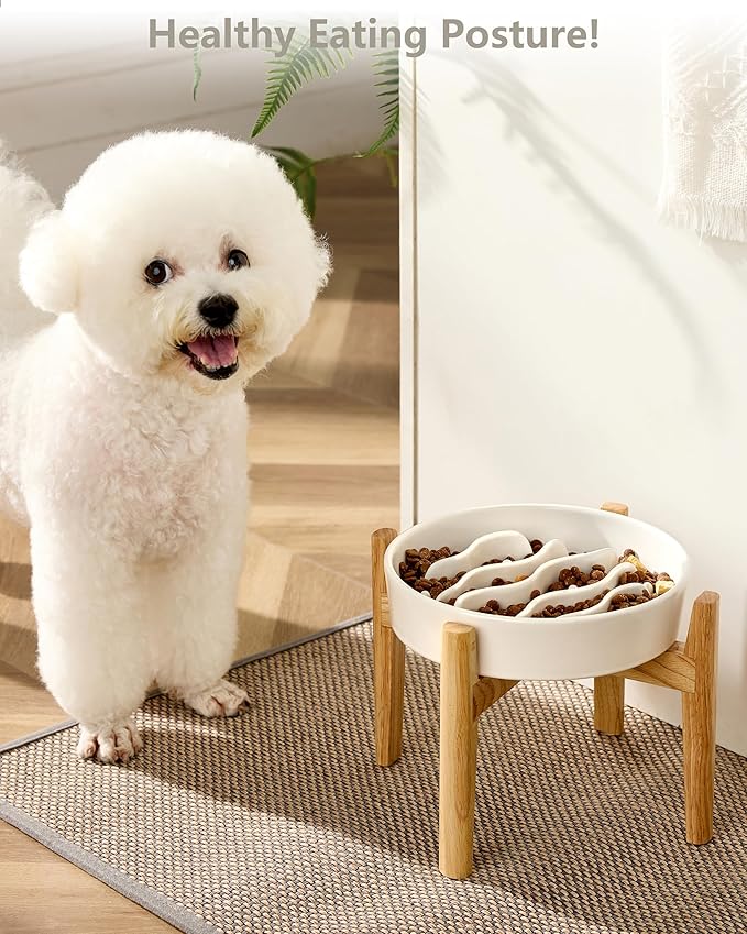 Ceramic Slow Feeder Dog Bowls Elevated, 2.0 Cups Dog Slow Feeder for Medium and Large Dogs, 30oz, 8in, White