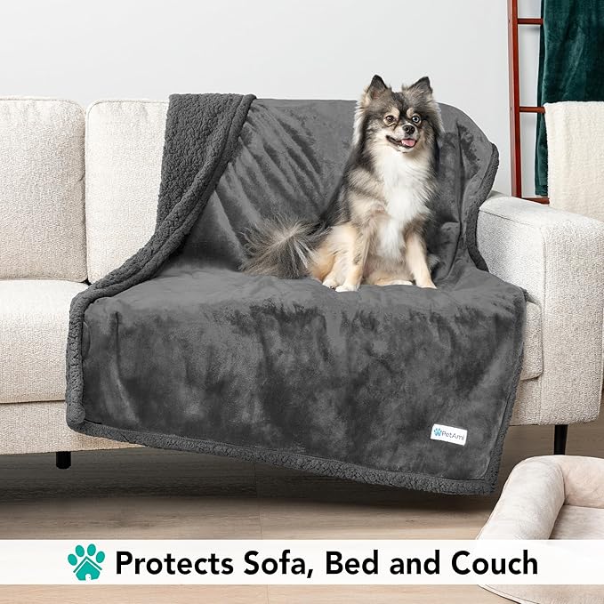 PetAmi Dog Blanket for Bed, XL Pet Blanket Large Dogs, Fleece Furniture Couch Cover Protector Sofa Car Crate Kennel, Soft Sherpa Cat Throw Plush Reversible Washable, Twin 60x80 Solid Dark Gray