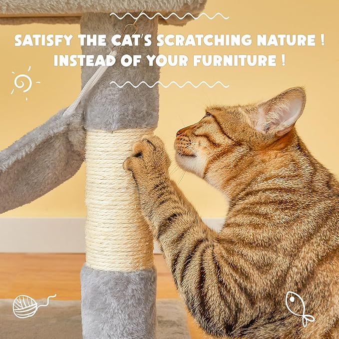 Cat Tree for Indoor Cats - Tall Multi-Level Cat Tower with Condos, Sisal Scratching Posts and Hammock, Top Perch with Dangling Toys for Large Cats and Kittens, Light Grey
