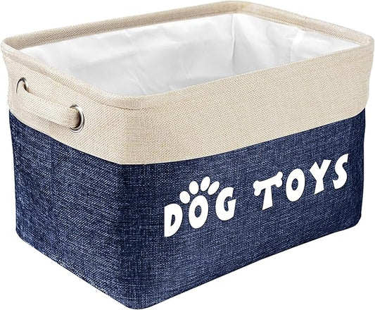 PET ARTIST Dog Toy Basket, Collapsible Dog Toy Bin Box with Comfortable Handles, Large Pet Toy Storage Basket Organizer for Accessories, Toys, Coat & Clothing, Blanket & Leash, Navy Blue, 15"x11"x9"