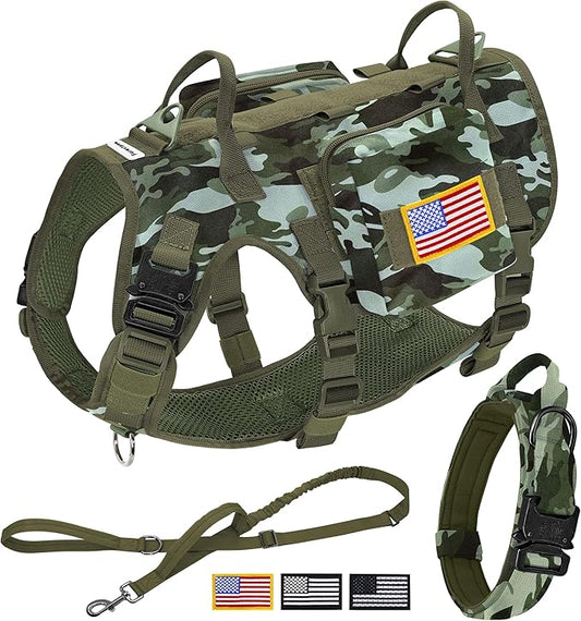 Forestpaw Tactical Dog Harness Tactical Dog Collar with Bungee Leash Set,No Pull Military Dog Harness for Walking Training,Adjustable for Medium Large Dogs,Camouflage Green,Chest 15.5-25.5"