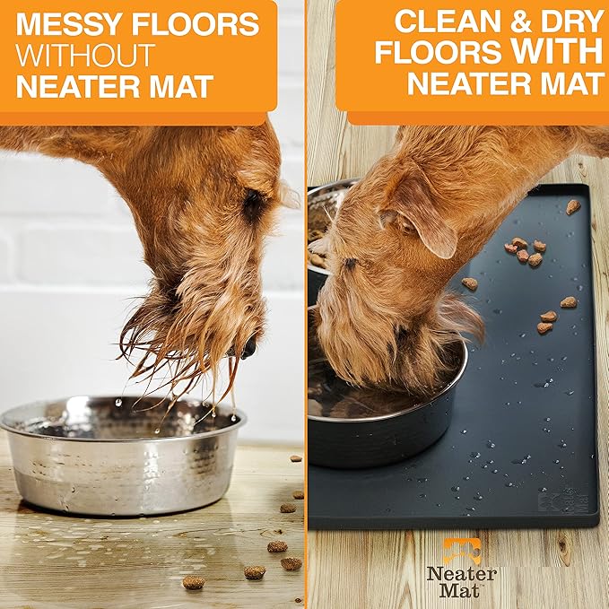 Neater Pet Brands Neater Mat Pet Mats for Food and Water, Cat & Dog Bowl Mat Waterproof Silicone, Feeding Tray, Dog Food Mats for Floors, Placemat w/Raised Edge for Under Bowls, 16” x 10”, Black