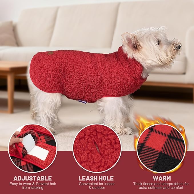 cyeollo Small Dog Coat, Sherpa Dog Winter Coat Reversible Warm Fleece Dogs Jackets Sweater Vest for Small Dogs Male with Leash Hole, Soft Cold Weather Pet Clothes, Buffalo Plaid L