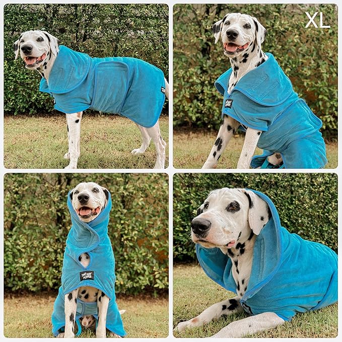 Tuff Pupper Fast Drying Dog Bath Robe | 800 GSM Plush Dog Towel Bathrobe/Dressing Gown | Super Absorbent Pet/Puppy Bathrobe | Adjustable Hood & Belly Strap | Super Soft | Fast Drying (XL, Blue)