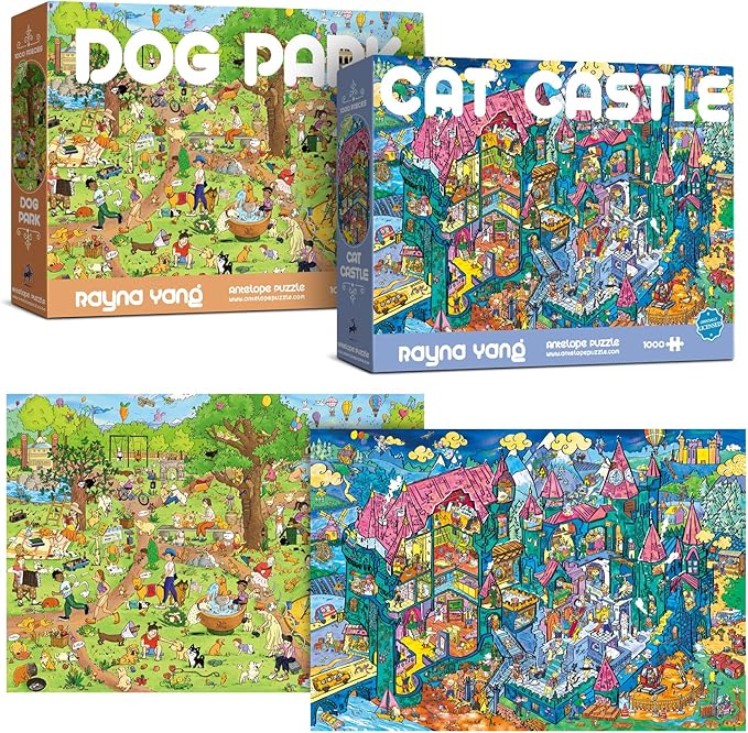 Antelope 2 in 1 1000 Piece Puzzle Bundle - Dog Park - 1000 Piece Jigsaw Puzzle Bundle with Cat Castle - 1000 Piece Jigsaw Puzzle