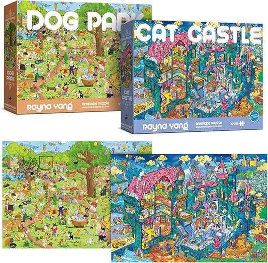 Antelope 2 in 1 1000 Piece Puzzle Bundle - Dog Park - 1000 Piece Jigsaw Puzzle Bundle with Cat Castle - 1000 Piece Jigsaw Puzzle