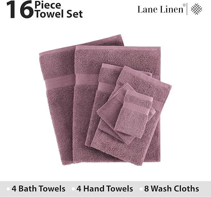 LANE LINEN 100% Mercerized Cotton Luxury Bathroom Towel Set - 16 Pcs - Super Soft, Fluffy & Highly Absorbent - 4 Bath Towels, 8 Washcloths, 4 Hand Towels - Pre Shrunk, Pet Friendly - Wishful Mauve