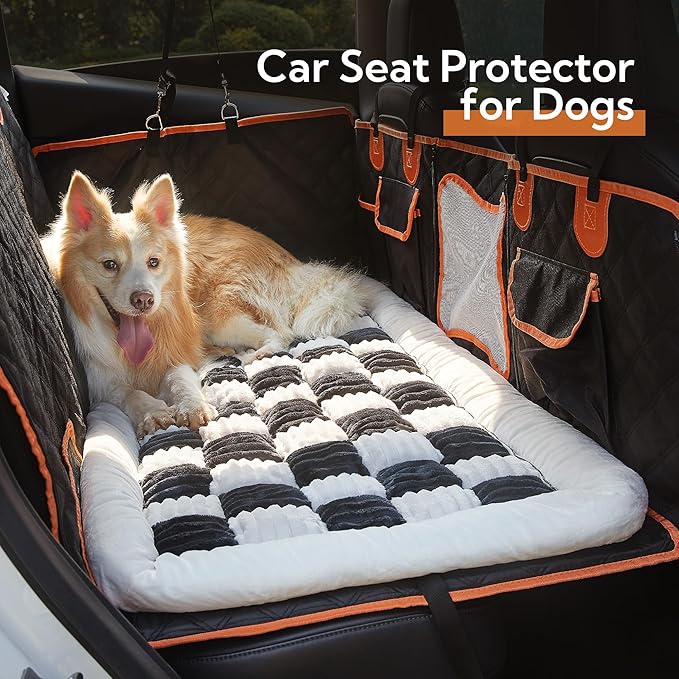 Soulbond Backseat Pet Bed Mat,Dog Bed for Car,Fuzzy Dog Seat Cover for Car Back Seat, Non-Slip Travel Pet Mat, Fit for Backseat Extenders and Seat Covers (White and Black)