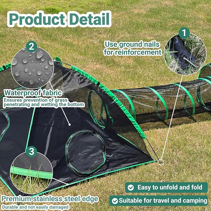 3-in-1 Outdoor Cat Enclosure, Portable Catio for Outside, Outdoor Cat Tent with 2 Tents and 1 Straight Tunnel, Green Enclosed Playpen for Kitty and Other Small Animals, Support Expansion