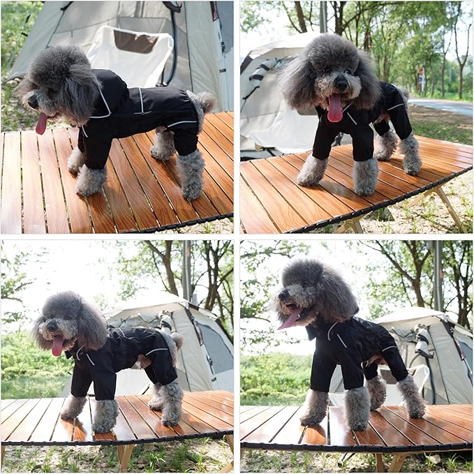 LOVELONGLONG Fleece-Lined Dog Raincoat with Removable Hood – Waterproof Winter Full Body Dog Jacket – Windproof Snowproof Cold-Weather Suit – Black-F XS
