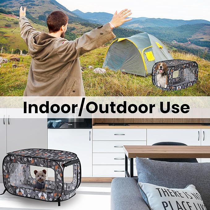 Beatrice Home Fashions Portable, Collapsible, Pop Up Kennel Travel Cat and Dog Crate, 24" L x 16.6" W x 16" H, Face of Love