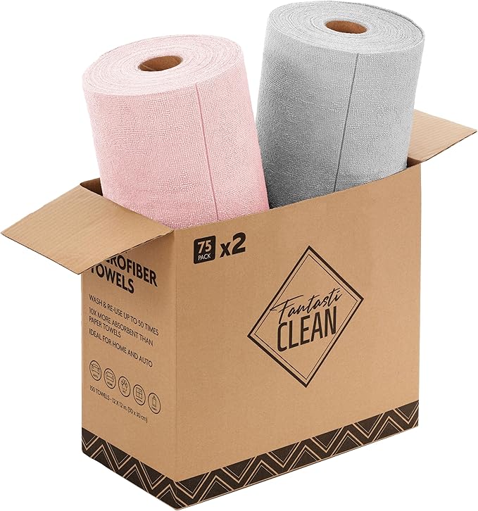 Fantasticlean Microfiber Cleaning Cloth Roll -150 Pack, Tear Away Microfiber Towels, 12" x 12", Reusable, Washable, Ultra Absorbent Dishcloth for Home Supplies, Car, Pet, Kitchen (Pink & Grey)