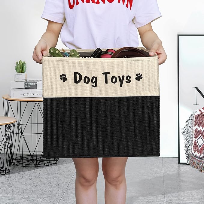 PET ARTIST Large Dog Toy Basket, Foldable Dog Toy Bin Box for Living Roon Area, Collapsible Storage Baskets with Comfortable Handles for Pet Coat,Accessories, Black, 15"x13"x12"