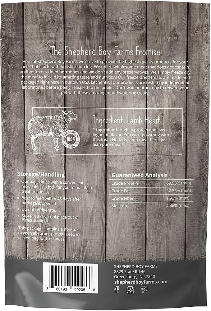 Shepherd Boy Farms Freeze Dried Dog and Cat Treats, Lamb Heart, All Natural Single Ingredient Freeze-Dried Dog Treat & Snacks, Made in USA, High Protein, Essential Nutrition of Raw Food, 3oz