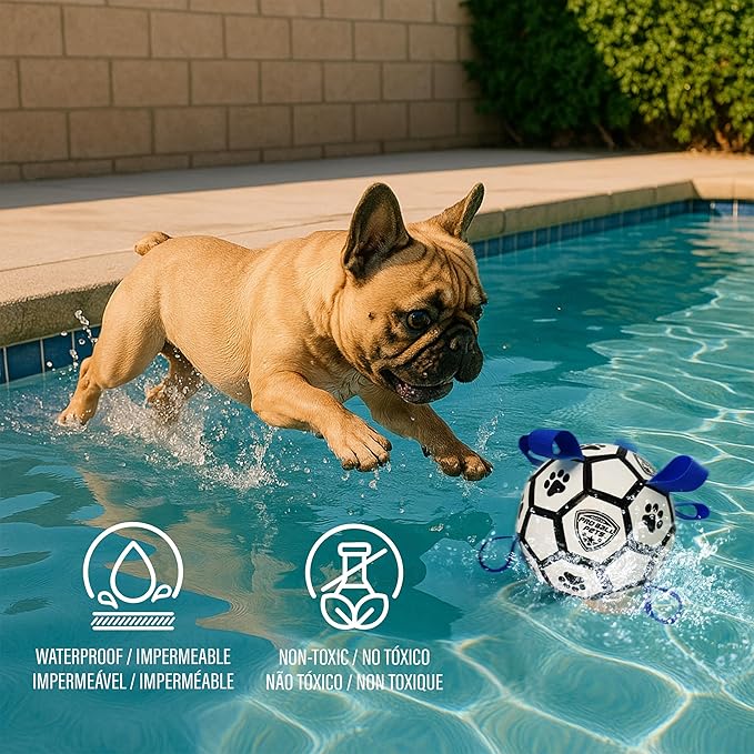 ProBall Pets Interactive Dog Soccer Ball with Grab Tabs - Floats on Water, Fetch & Training Toy for Small Medium Dogs, Herding Breeds - Waterproof Non-Toxic - 6" White Blue