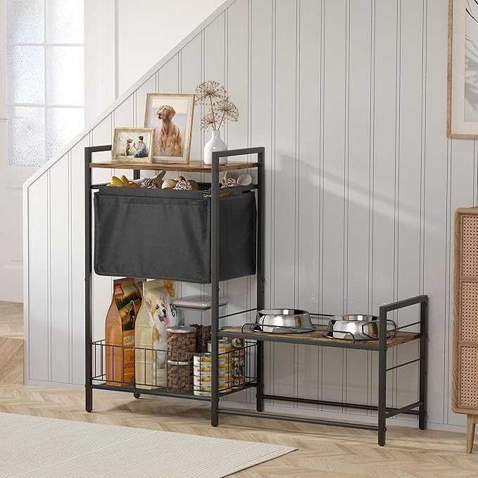 Elevated Dog Bowl Stand with Toy Bin Basket, 4 Height Adjustable Raised Feeding Station Cabinet, Lifted Food and Water Bowl Holder, Pet Storage Organizer for Large Medium Small Dogs