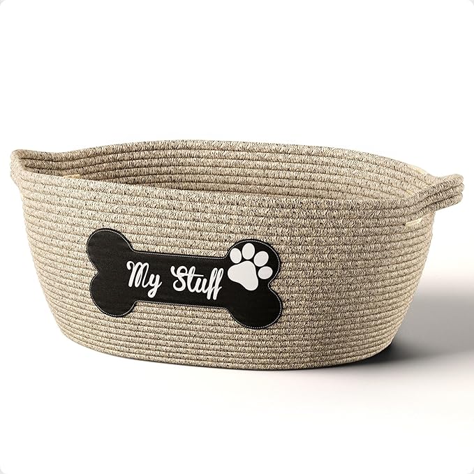 Dog Toy Basket - 100% Cotton Rope Woven Dog Toy Box for Living Room Area - Chew Proof Toybox Suitable for All Pets - Puppies to Large - Sturdy Reinforced Handles - Cute Aesthetic Design with Paw Print
