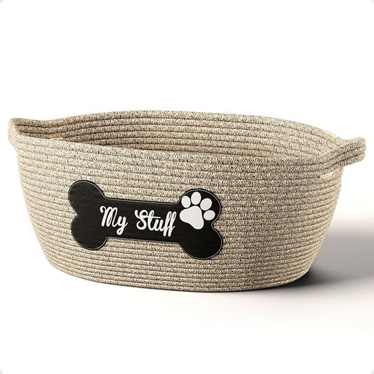 Dog Toy Basket - 100% Cotton Rope Woven Dog Toy Box for Living Room Area - Chew Proof Toybox Suitable for All Pets - Puppies to Large - Sturdy Reinforced Handles - Cute Aesthetic Design with Paw Print
