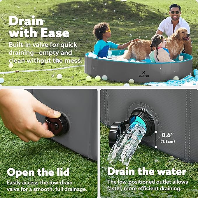 SLOOSH Foldable Dog Kiddie Pool - Portable Hard Plastic Doggie Swimming Pool, Anti-Slip Collapsible Pets Bath Tub Suitable for Kids Toddler Indoor Outdoor Backyard Use (Gray, 63" x 12")
