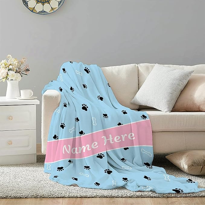 Custom Pet Name Personalized Dog Blanket - Customized Puppy Gift for Dog Lovers Mom Dad - Cute Paw Prints Soft Flannel Throw for Bed Sofa Travel - Extra Large 120"x90"